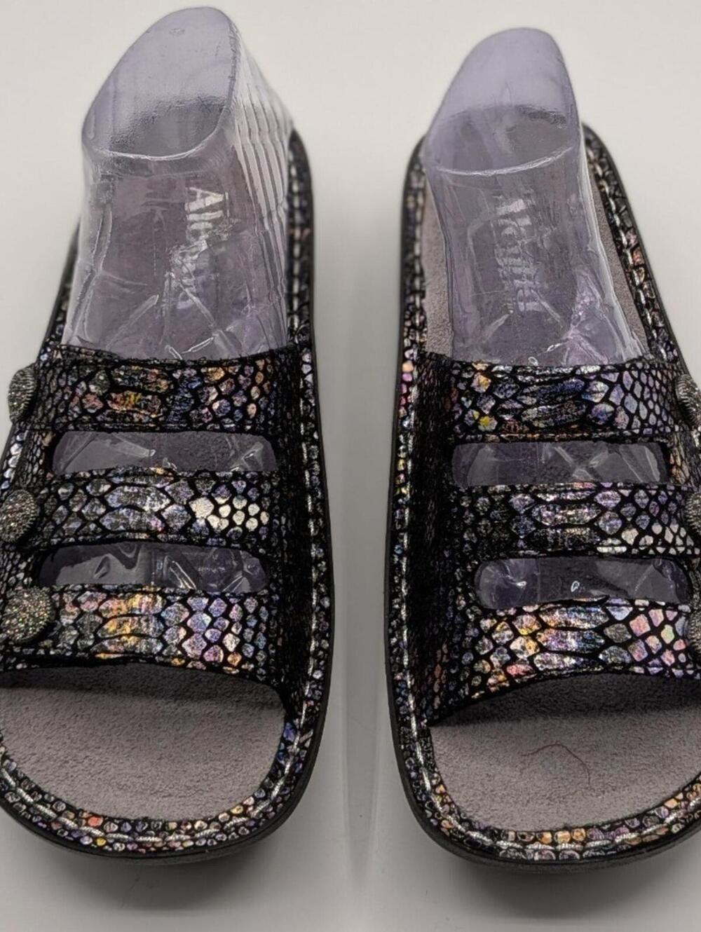 Alegria By PG Lite EU 37 Multicolor Metallic Leather Triple Strap Slide Sandals